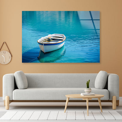 Small White Fishing Boat Floating Alone Acrylic Glass Print Tempered Glass Wall Art 100% Made in Australia Ready to Hang