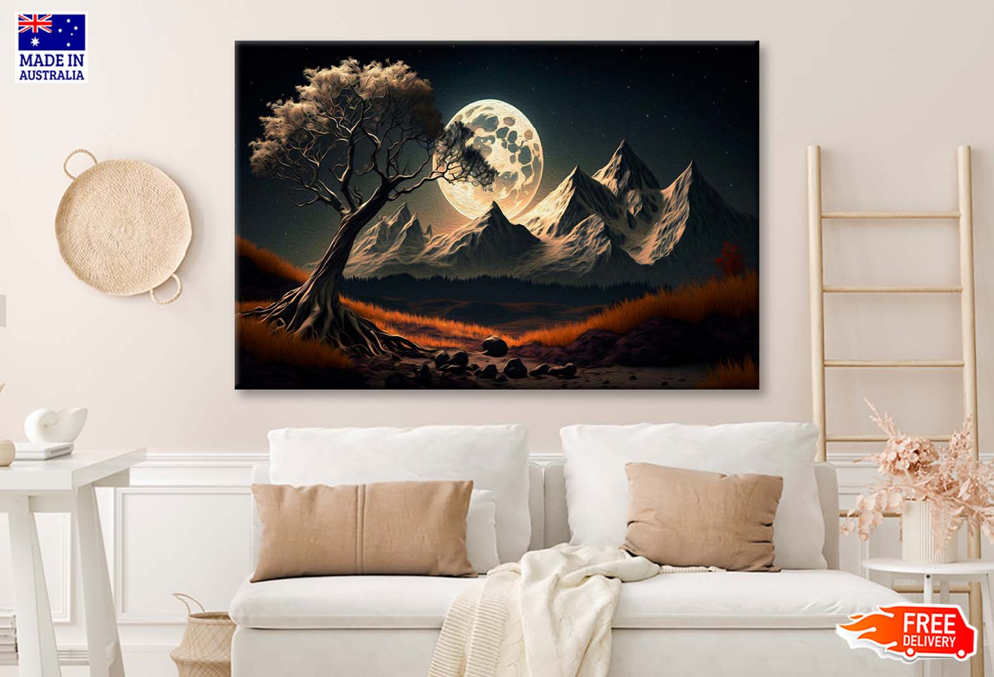 Mountains and White Moon in Dark 3d Wall Art Limited Edition High Quality Print