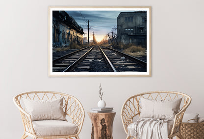 Train Tracks Running Next To a Building with Sunset Home Decor Premium Quality Poster Print Choose Your Sizes