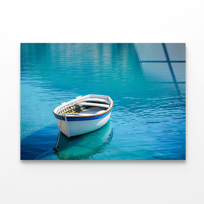 Small White Fishing Boat Floating Alone Acrylic Glass Print Tempered Glass Wall Art 100% Made in Australia Ready to Hang