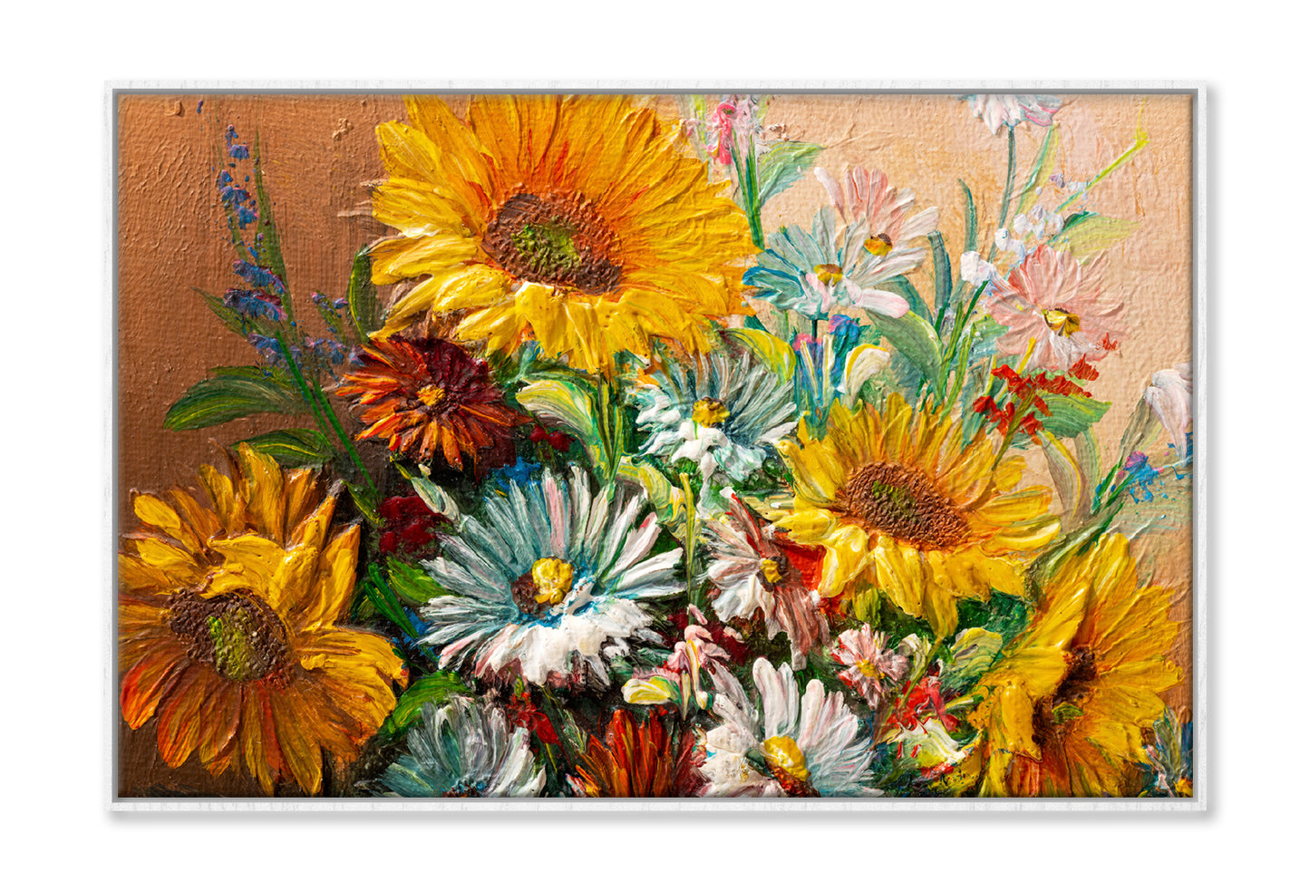 Colorful Flowers with Leaves Closeup Oil Painting Wall Art Limited Edition High Quality Print Canvas Box Framed White