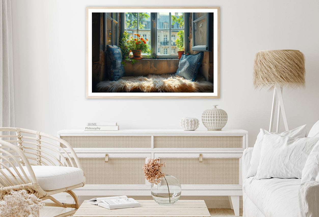 A Fluffy Pillow Resting On a Window Seat Home Decor Premium Quality Poster Print Choose Your Sizes