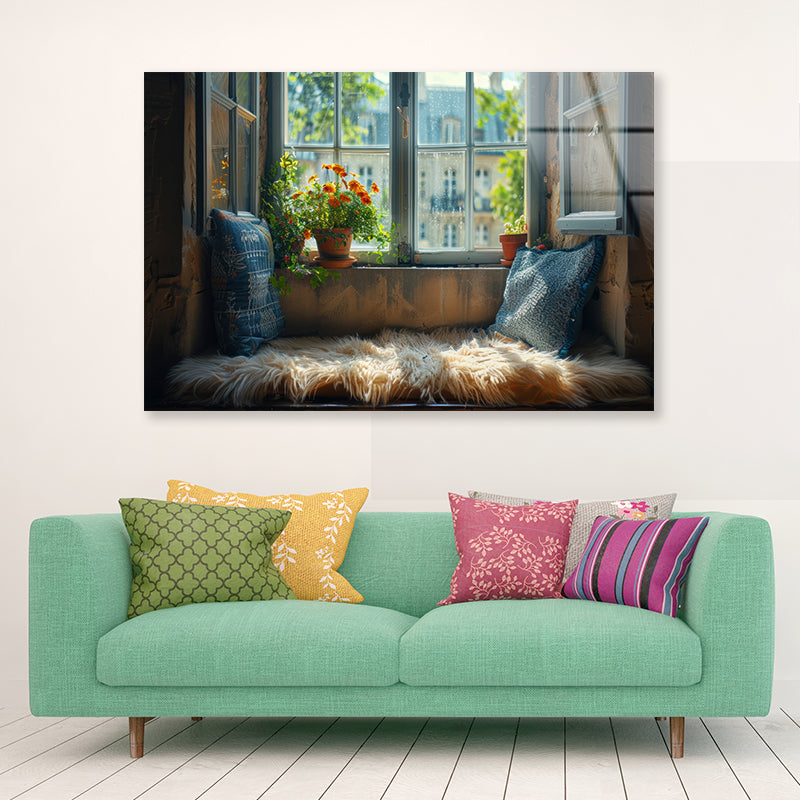 A Fluffy Pillow Resting On a Window Seat Acrylic Glass Print Tempered Glass Wall Art 100% Made in Australia Ready to Hang