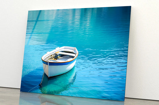 Small White Fishing Boat Floating Alone Acrylic Glass Print Tempered Glass Wall Art 100% Made in Australia Ready to Hang