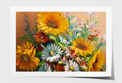 Colorful Flowers with Leaves Closeup Oil Painting Wall Art Limited Edition High Quality Print Unframed Roll Canvas None