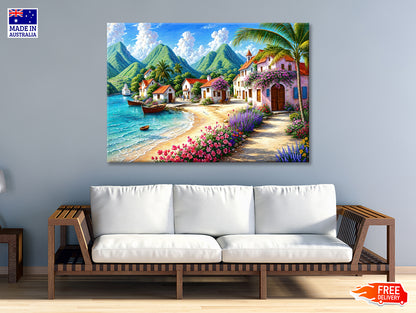 Painting Of a Village with Mountains, Houses, a Beach Print 100% Australian Made