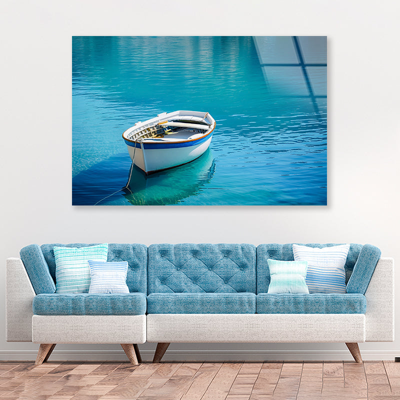 Small White Fishing Boat Floating Alone Acrylic Glass Print Tempered Glass Wall Art 100% Made in Australia Ready to Hang