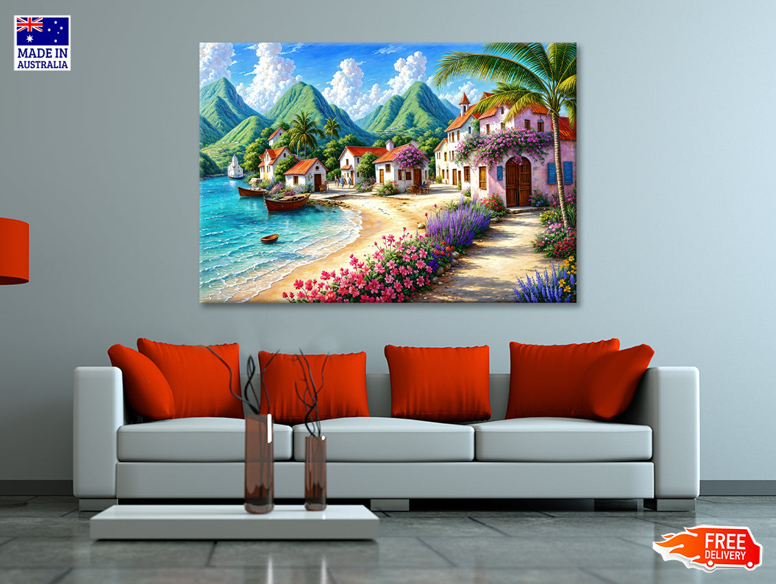 Painting Of a Village with Mountains, Houses, a Beach Print 100% Australian Made