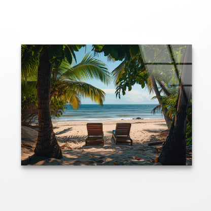 Coconut Trees and Beach Chairs Acrylic Glass Print Tempered Glass Wall Art 100% Made in Australia Ready to Hang