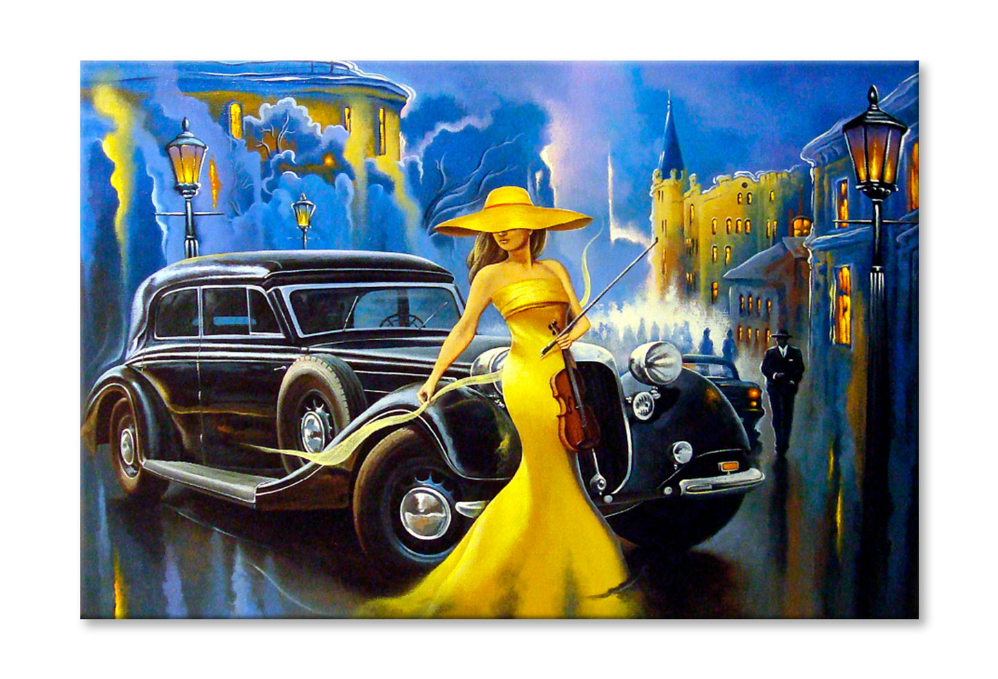 Car and Girl, Old City Oil Painting Wall Art Limited Edition High Quality Print Stretched Canvas None