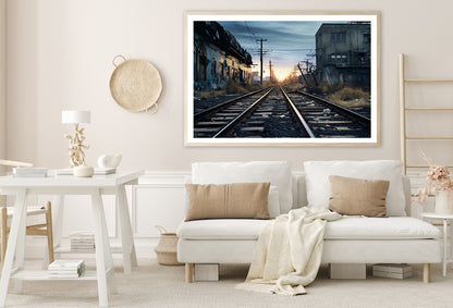 Train Tracks Running Next To a Building with Sunset Home Decor Premium Quality Poster Print Choose Your Sizes