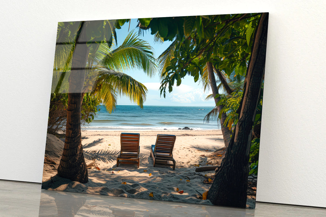 Coconut Trees and Beach Chairs Acrylic Glass Print Tempered Glass Wall Art 100% Made in Australia Ready to Hang