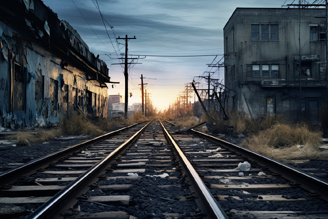 Train Tracks Running Next To a Building with Sunset Home Decor Premium Quality Poster Print Choose Your Sizes