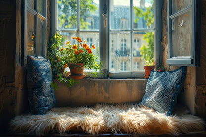 A Fluffy Pillow Resting On a Window Seat Home Decor Premium Quality Poster Print Choose Your Sizes