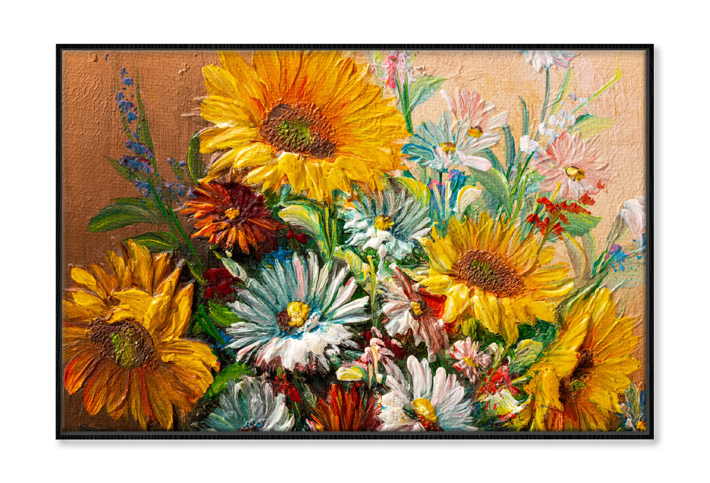 Colorful Flowers with Leaves Closeup Oil Painting Wall Art Limited Edition High Quality Print Canvas Box Framed Black