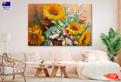 Colorful Flowers with Leaves Closeup Oil Painting Wall Art Limited Edition High Quality Print