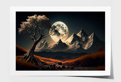 Mountains and White Moon in Dark 3d Wall Art Limited Edition High Quality Print