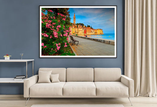 Old Town of Rovinj with Beautiful Pink Oleander Flowers Home Decor Premium Quality Poster Print Choose Your Sizes