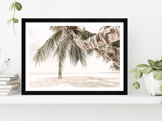 Sandy Seashore & Palm Trees Faded View Photograph Glass Framed Wall Art, Ready to Hang Quality Print With White Border Black