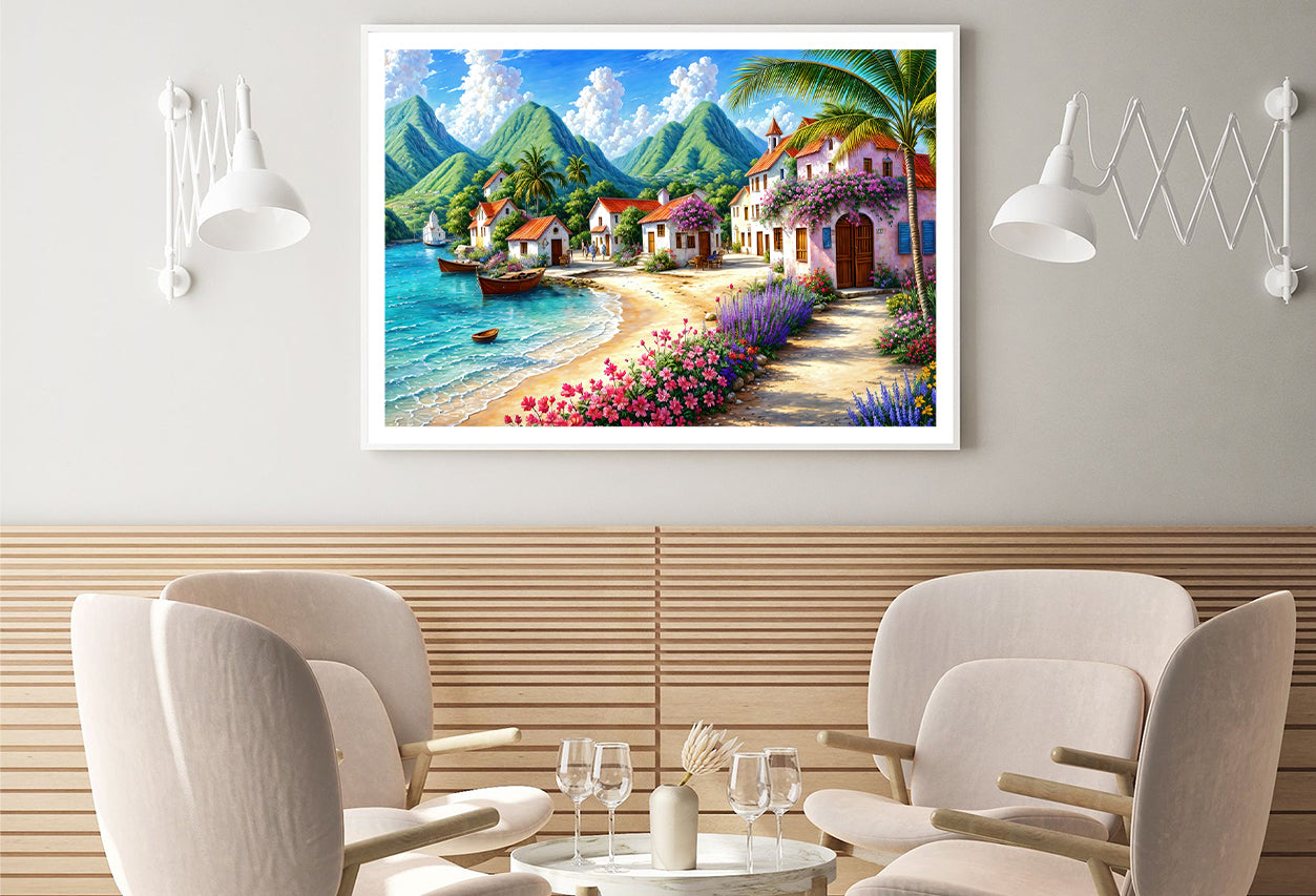 Painting Of a Village with Mountains, Houses, a Beach Home Decor Premium Quality Poster Print Choose Your Sizes