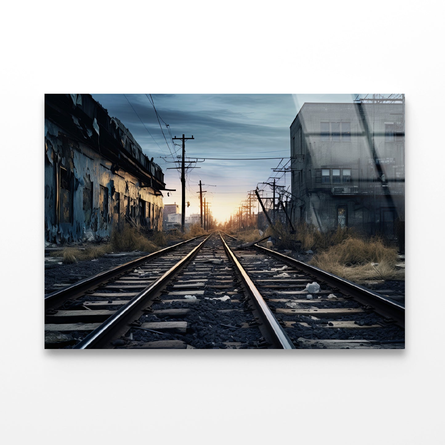 Train Tracks Running Next To a Building with Sunset Acrylic Glass Print Tempered Glass Wall Art 100% Made in Australia Ready to Hang