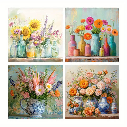 4pcs Multicolored Flowers Painting Vase Artwork Wall Art Canvas Framed