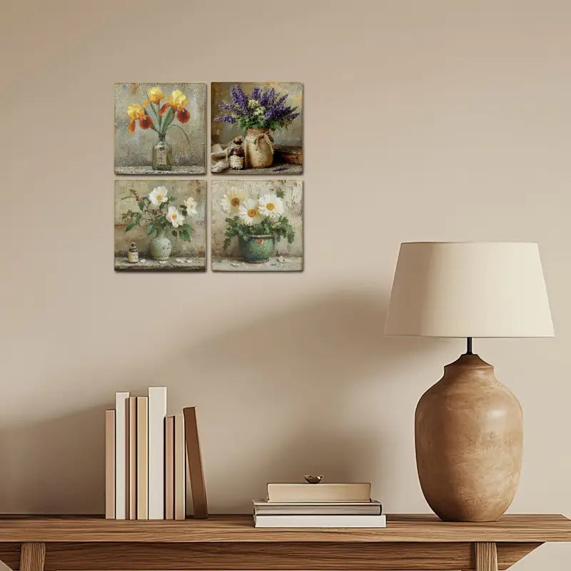 4pcs Neutral Tones,Flower Vase Purple,Yellow Wall Art Canvas Framed
