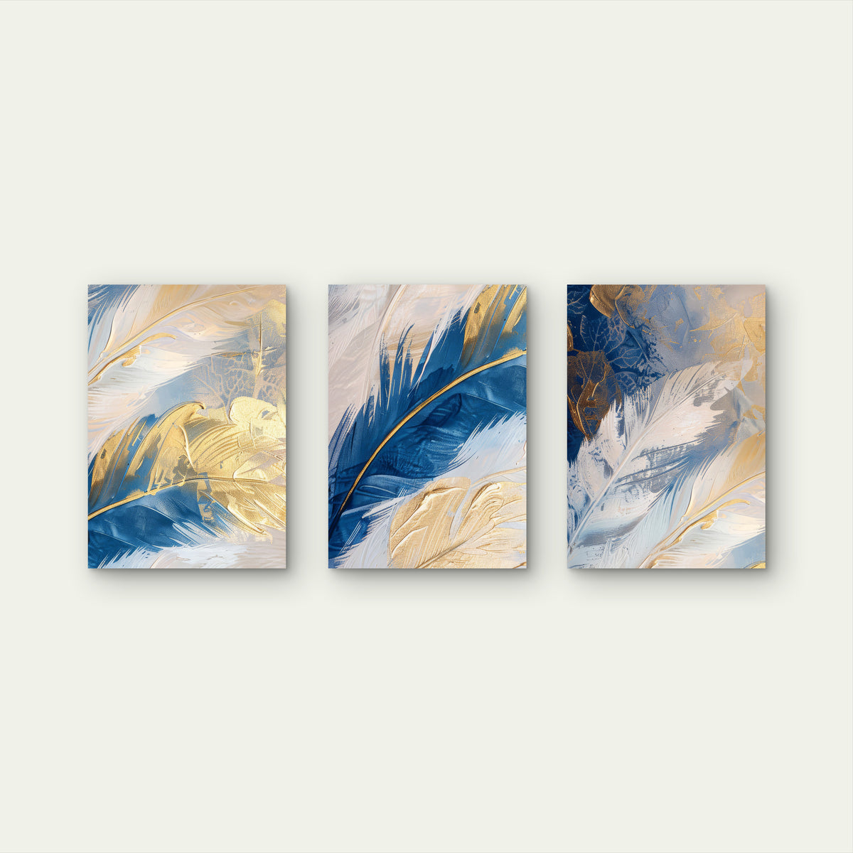 3pcs Royal Blue Gold Feather Abstract Painting Wall Art Set Canvas Framed 50x70cm - High Quality Print 100% Australian Made Wall Canvas Ready to Hang