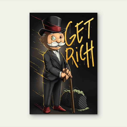 Tuxedo Mustache Man Gold Graffiti Money Bag 40x60cm Metal Print Ready to Hang