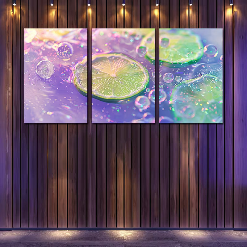 3pcs Sparkling Water and Lime Slices Close-Up Wall Art Set Canvas Framed 50x70cm - High Quality Print 100% Australian Made Wall Canvas Ready to Hang