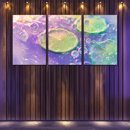 3pcs Sparkling Water and Lime Slices Close-Up Wall Art Set Canvas Framed 50x70cm - High Quality Print 100% Australian Made Wall Canvas Ready to Hang