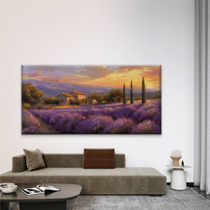 Lavender Field Cottage Sunset Wall Art Canvas Office Home Room Framed 120x60cm