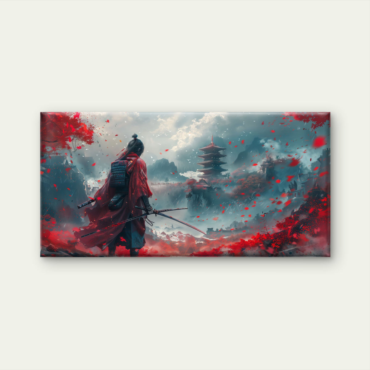 Red samurai Landscape Wall Art Canvas Office Home Room Framed 120x60cm