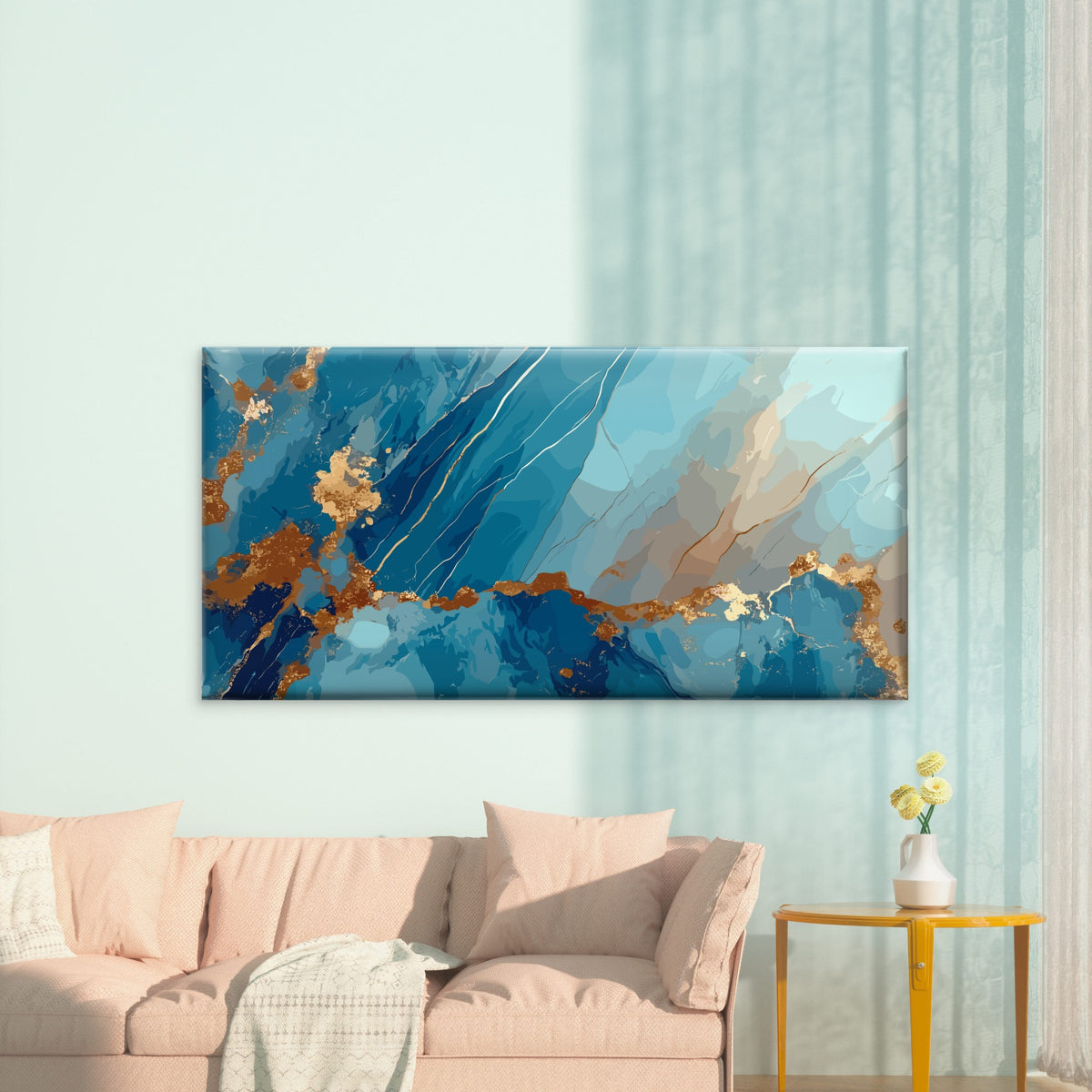 Azure Gilded Marble Fluid Wall Art Canvas Office Home Room Framed 120x60cm