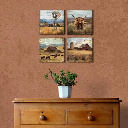 4pcs Highland Cow  Vintage Barn    Wall Art Canvas Framed