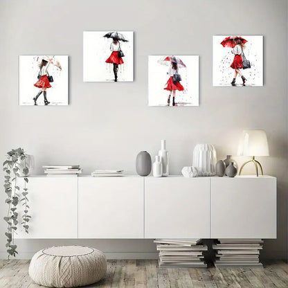 4pcs Girl With Red Umbrella Picture Wall Art Canvas Framed