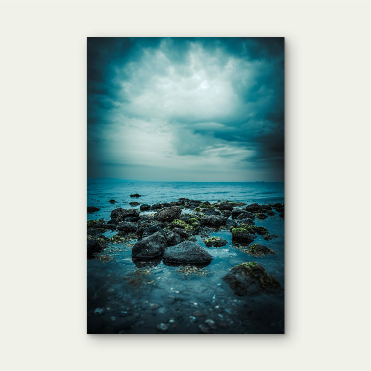 Dark Moody Ocean Stormy Sky Mossy Rock 40x60cm Metal Print Ready to Hang