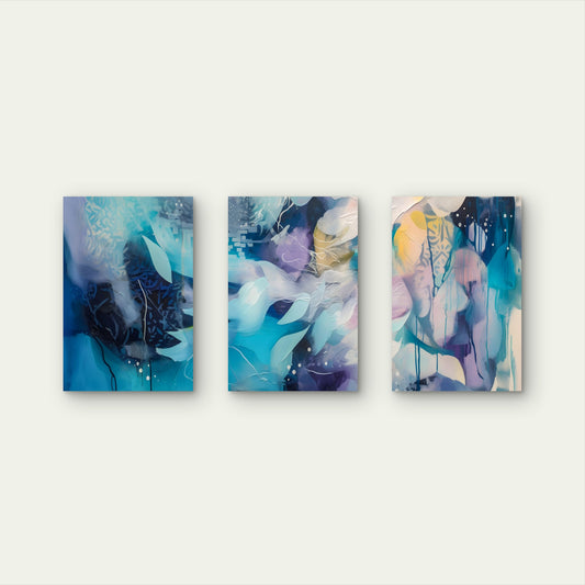 3pcs Abstract Indigo Teal Lavender Floral Shapes Wall Art Set Canvas Framed 50x70cm - High Quality Print 100% Australian Made Wall Canvas Ready to Hang