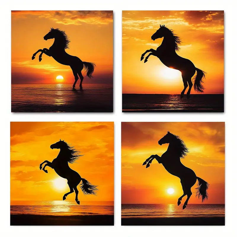 4pcs Galloping Horse At Sunset  Wall Art Canvas Framed