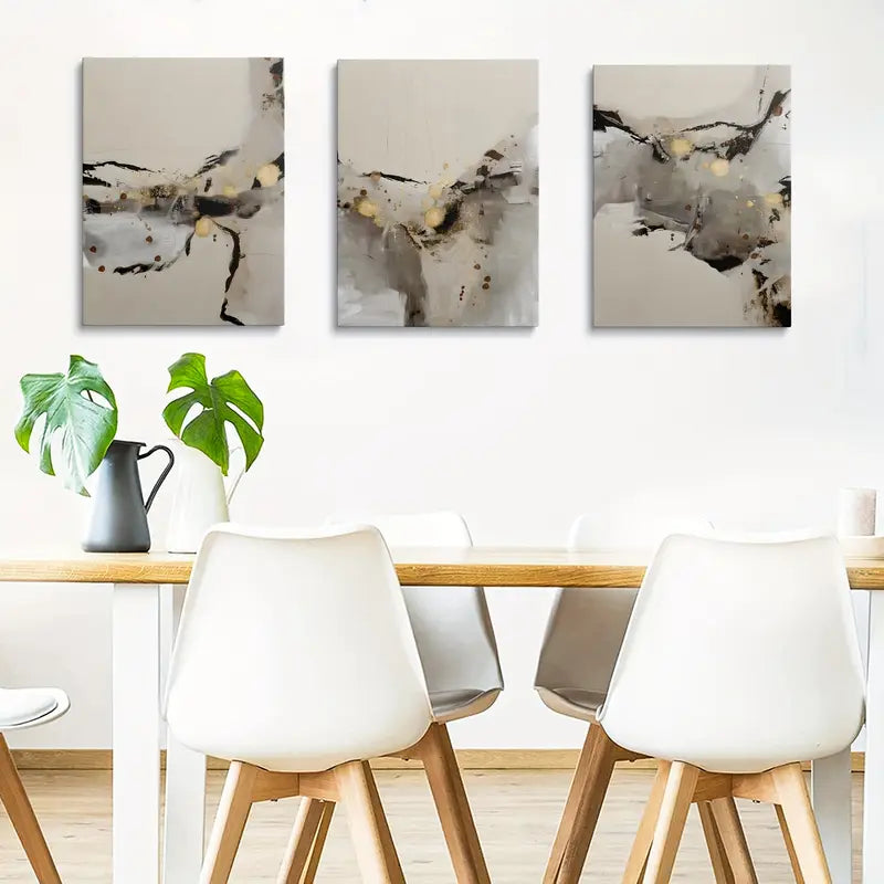 3pcs Abstract Black Grey Gold Classic Design Metal Print Ready to Hang Art