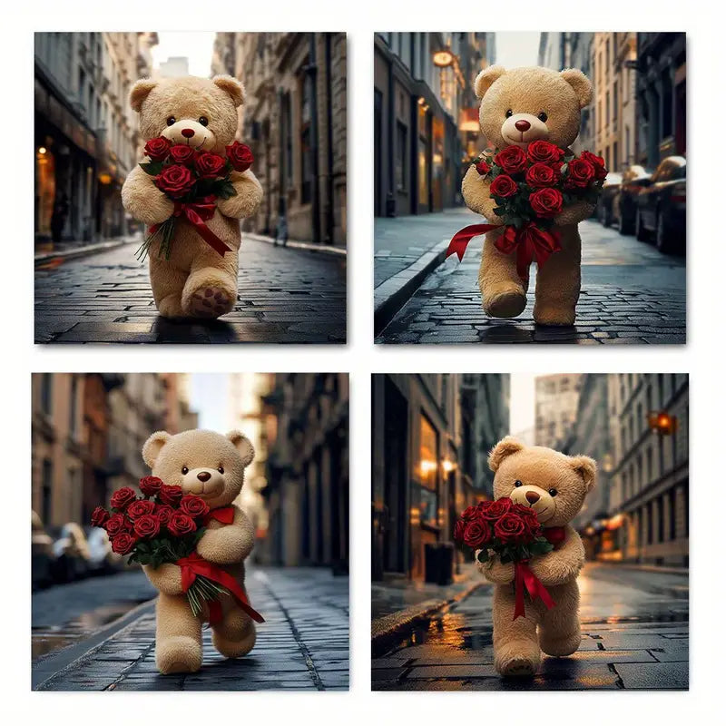 4pcs  Decoration Bear rose hallway tr     Wall Art Canvas Framed