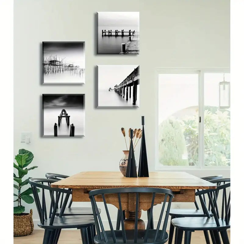 4pcs  Black and White Coastal Beach Wall Art Canvas Framed