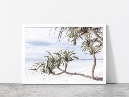 Palms Beach & Blue Sky Faded View Photograph Glass Framed Wall Art, Ready to Hang Quality Print Without White Border White