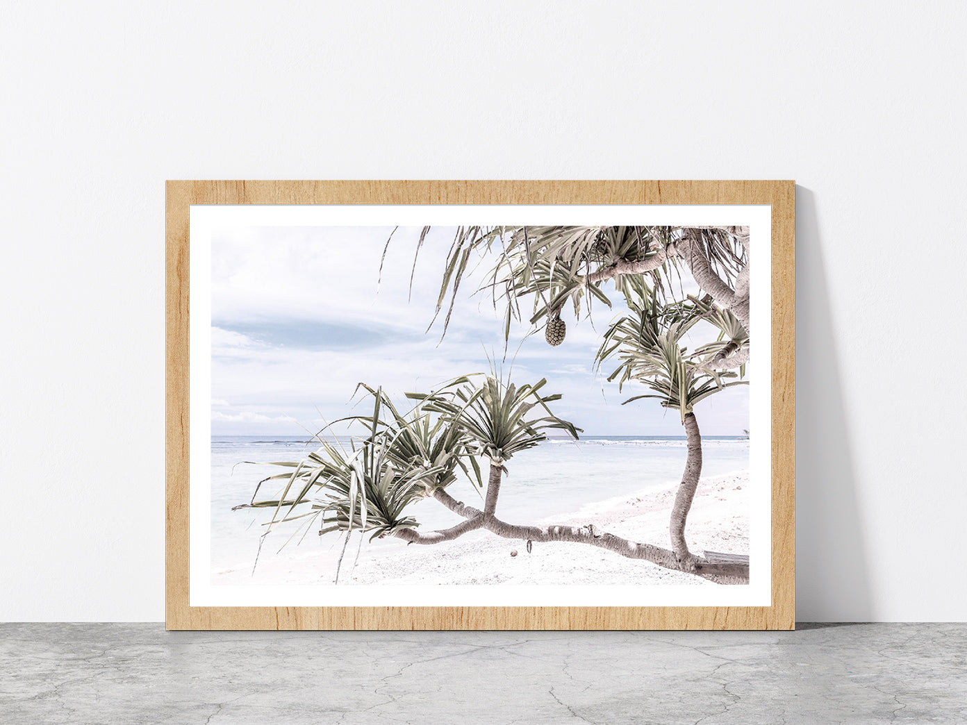 Palms Beach & Blue Sky Faded View Photograph Glass Framed Wall Art, Ready to Hang Quality Print With White Border Oak