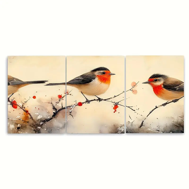 3pcs Birds on a Branch Japanese Nature Metal Print Ready to Hang Art