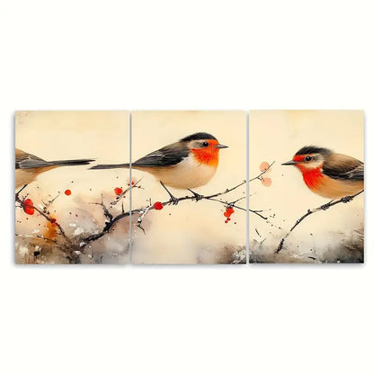 3pcs Birds on a Branch Japanese Nature Metal Print Ready to Hang Art