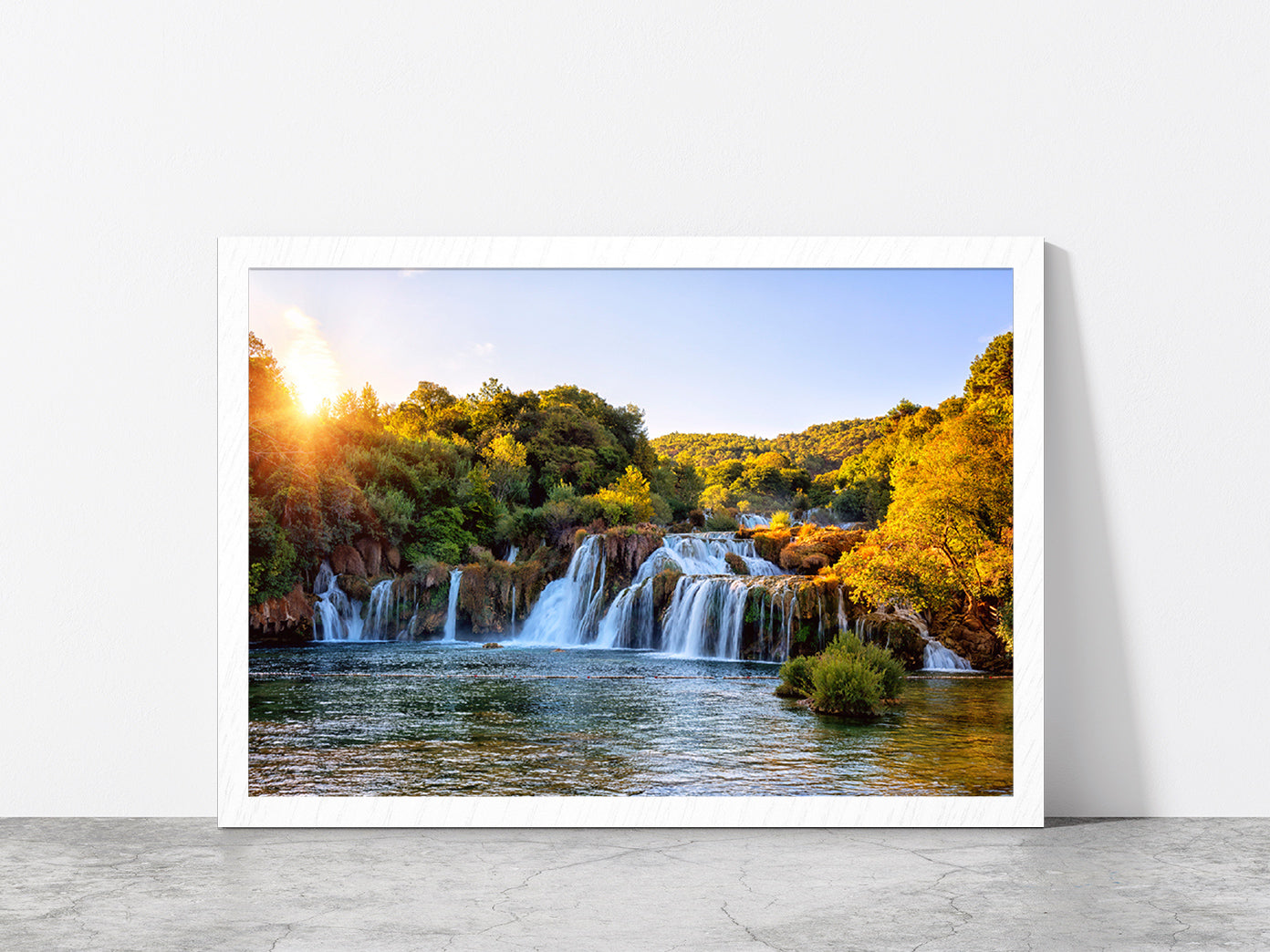 Skradinski Buk Waterfall Sunrise Glass Framed Wall Art, Ready to Hang Quality Print Without White Border White