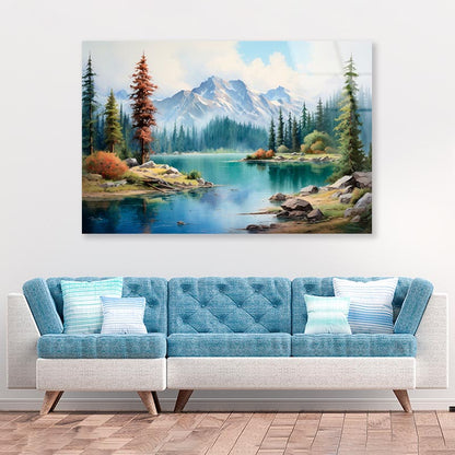 Mountain Lake Is Surrounded by Snow  Acrylic Glass Print Tempered Glass Wall Art 100% Made in Australia Ready to Hang