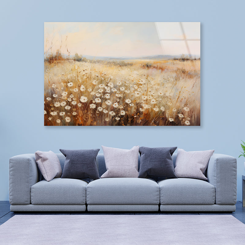 Daisy Field Painting Grassland with a Sky & Clouds Acrylic Glass Print Tempered Glass Wall Art 100% Made in Australia Ready to Hang