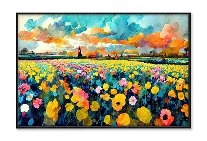 Netherlands Flower Harvest Fields Oil Painting Wall Art Limited Edition High Quality Print Canvas Box Framed Black